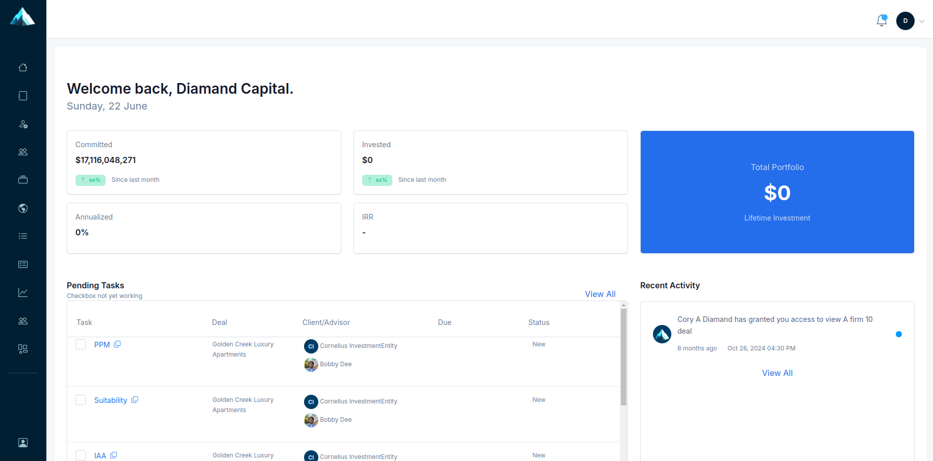Private deal tracking dashboard screenshot